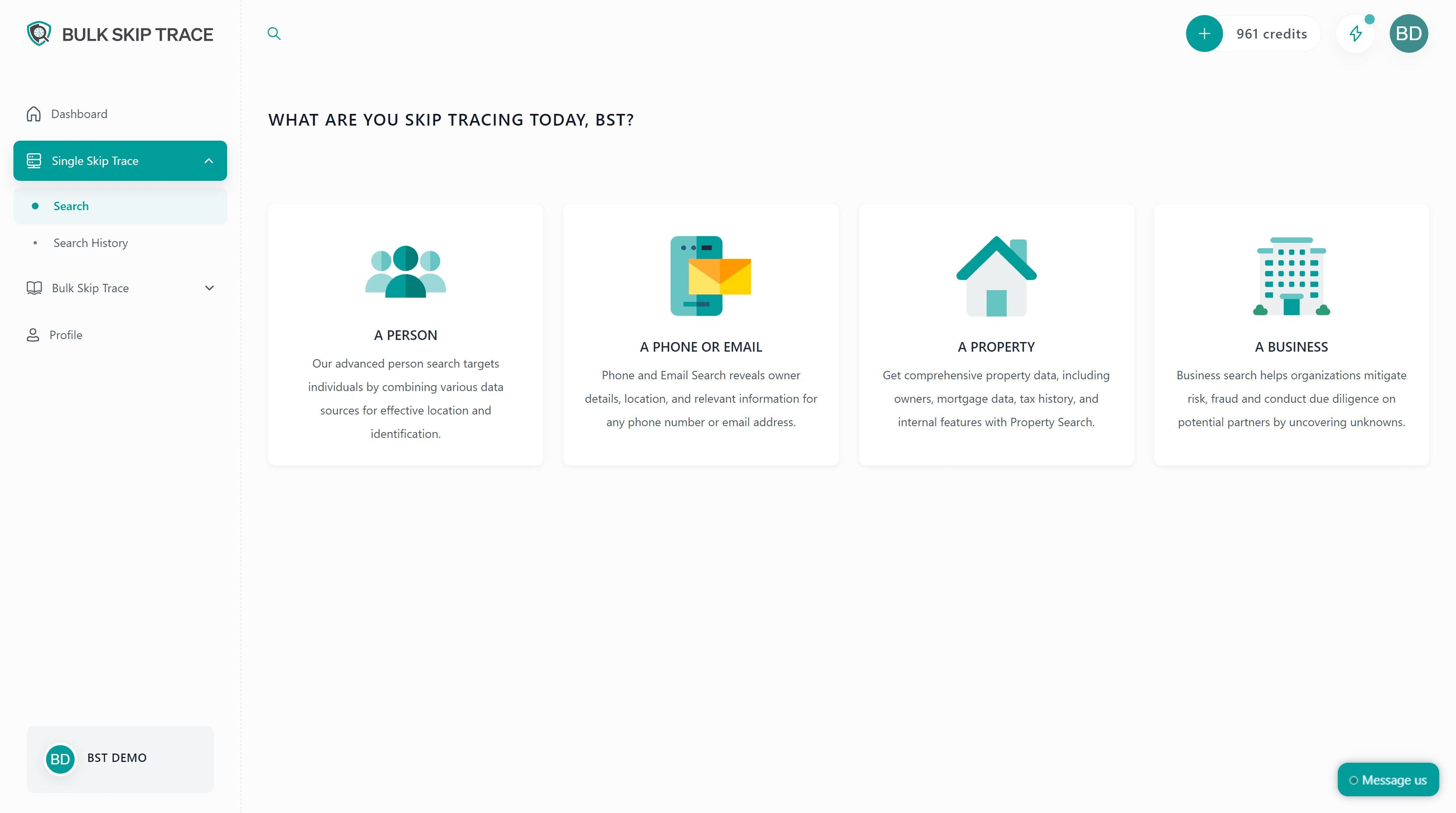 Single skip trace search options: person, phone or email, property, or business