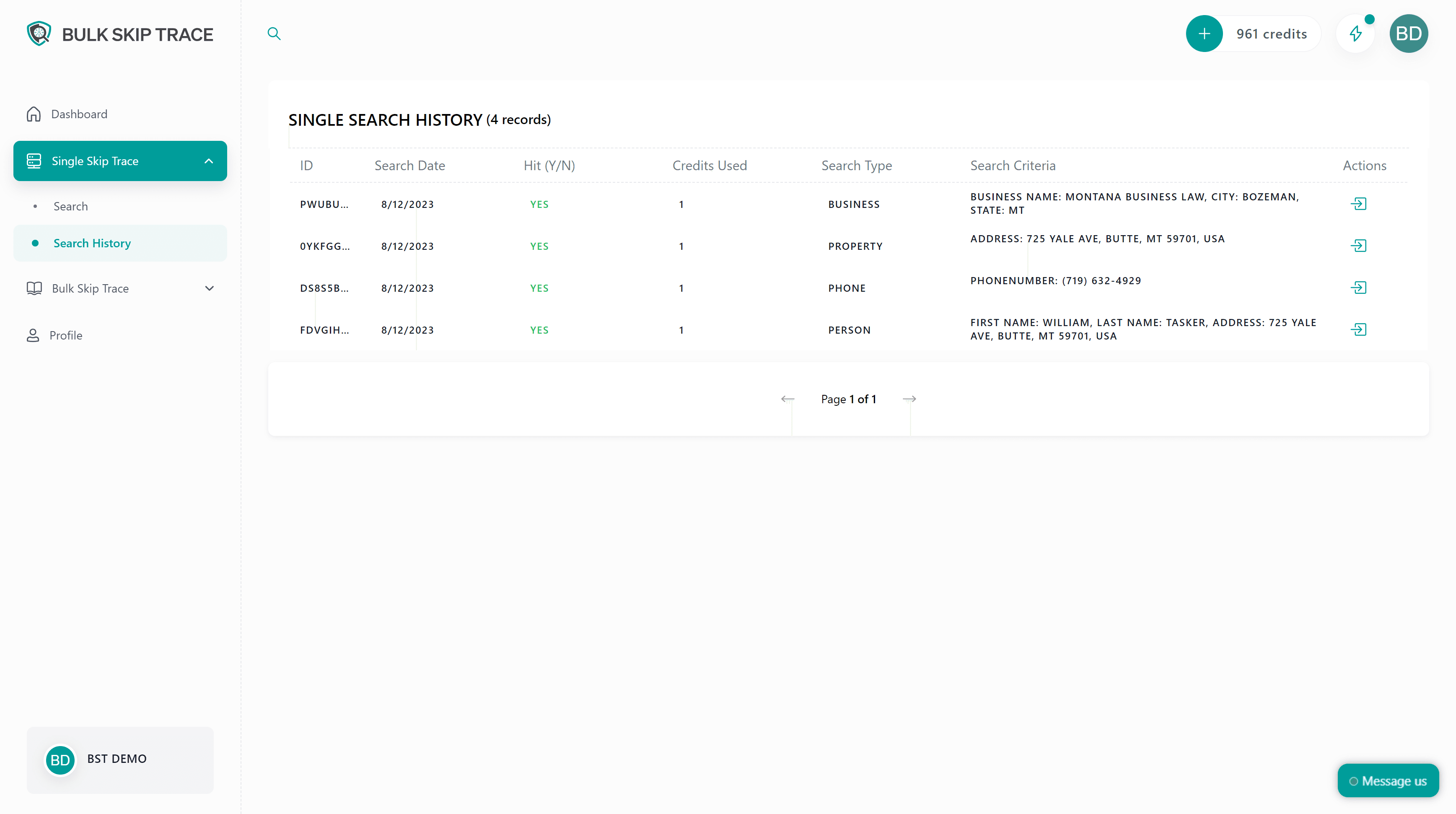 Single search history table showing hits, credits used, and search criteria